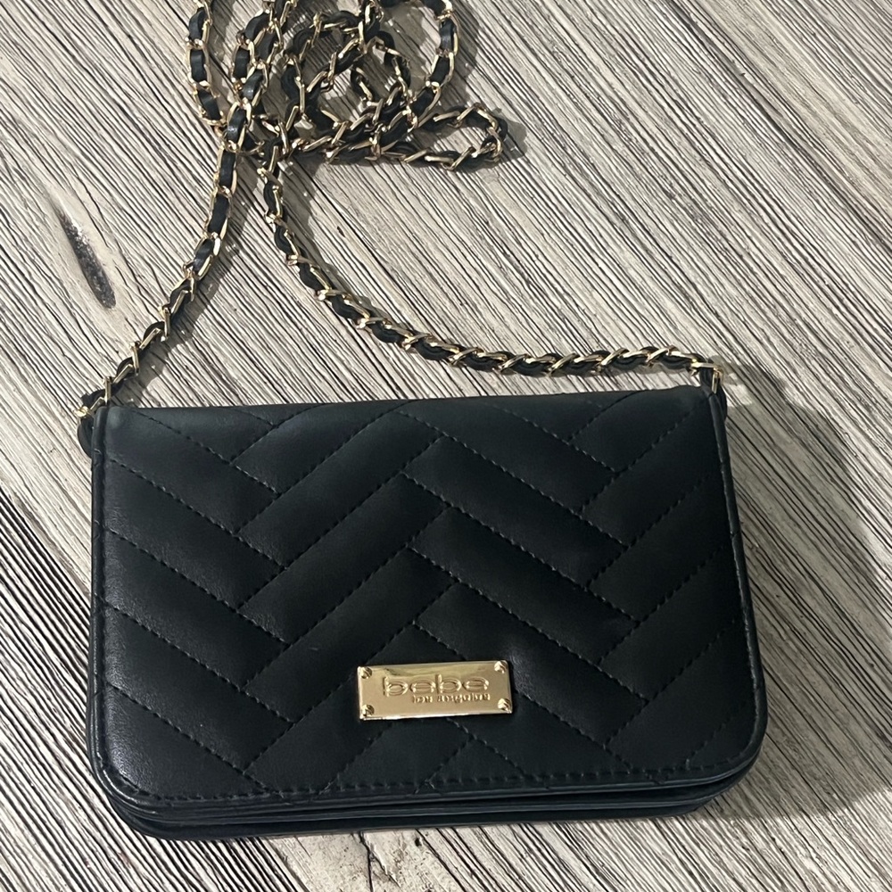 Bebe Black and Gold Quilted Crossbody Bag with Chevron Design